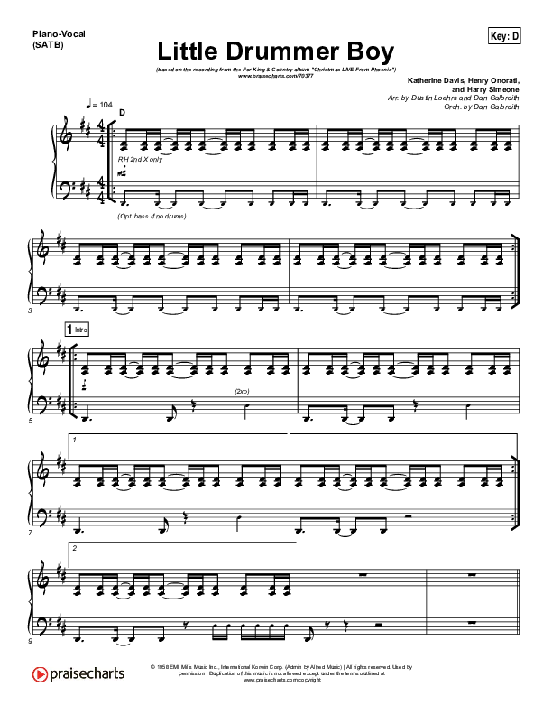 Little Drummer Boy Piano/Vocal (SATB) (for KING & COUNTRY)