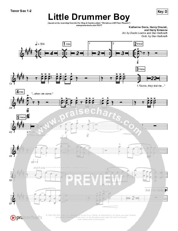 Little Drummer Boy Tenor Sax 1/2 (for KING & COUNTRY)