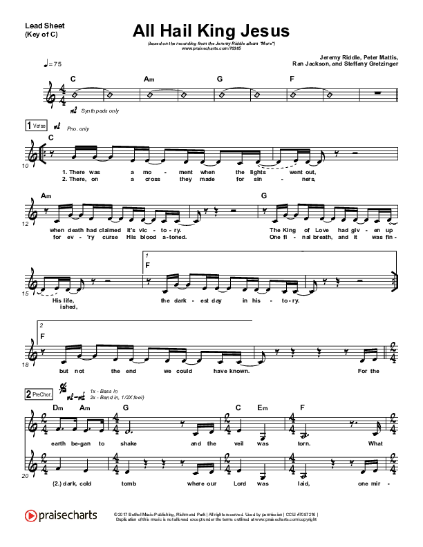 All Hail King Jesus Lead Sheet (Melody) (Jeremy Riddle)
