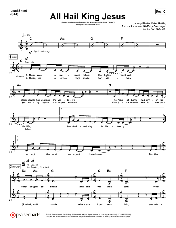 All Hail King Jesus Lead Sheet (SAT) (Jeremy Riddle)