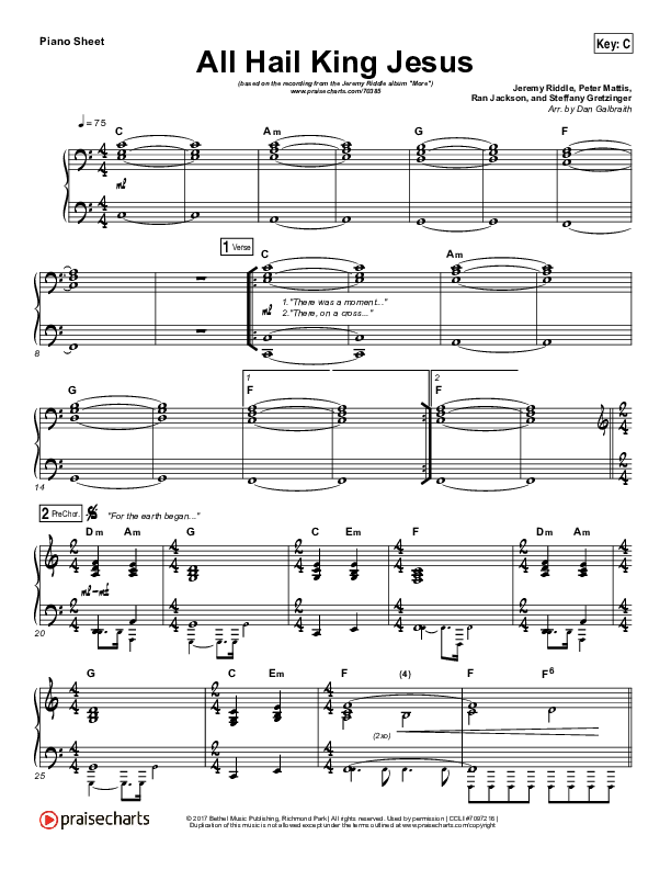All Hail King Jesus Piano Sheet (Jeremy Riddle)