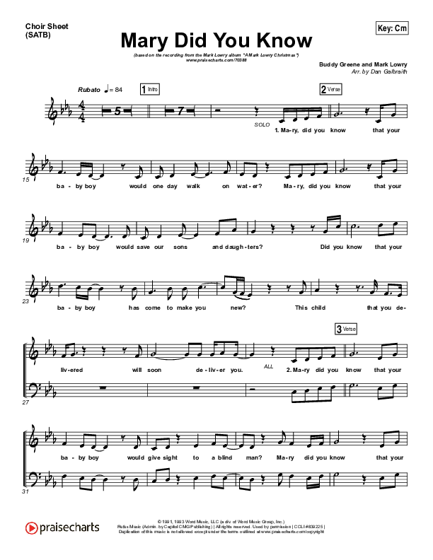 Mary Did You Know Choir Sheet (SATB) (Mark Lowry)