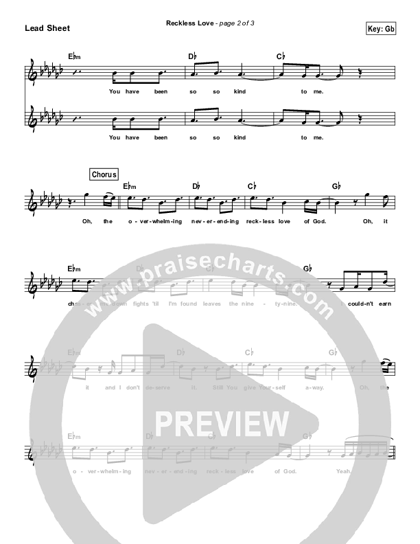 Reckless Love (Simplified) Lead Sheet (Bethel Music / Cory Asbury)