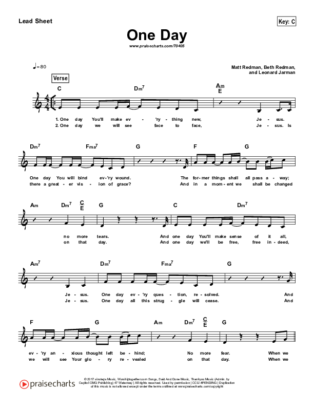 One Day (When We All Get To Heaven) (Simplified) Lead Sheet (Matt Redman)