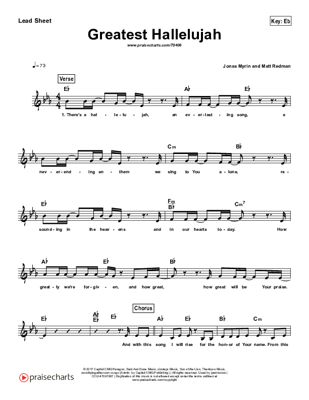 Greatest Hallelujah (Simplified) Lead Sheet (Matt Redman)