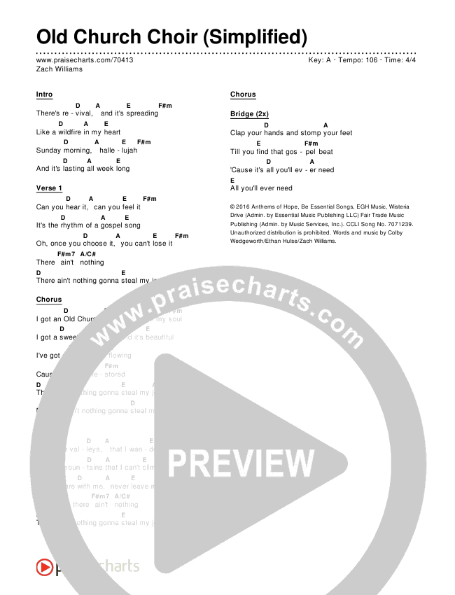 Old Church Choir (Simplified) Chord Chart (Zach Williams)