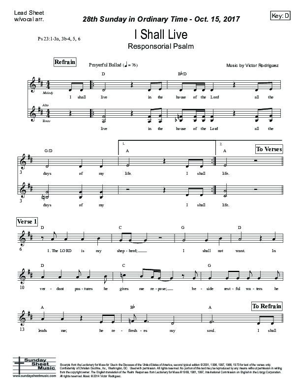 I Shall Live (Psalm 23) Lead Sheet (Victor Rodriguez)