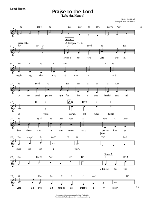 Praise To The Lord Lead Sheet (All Souls Music)