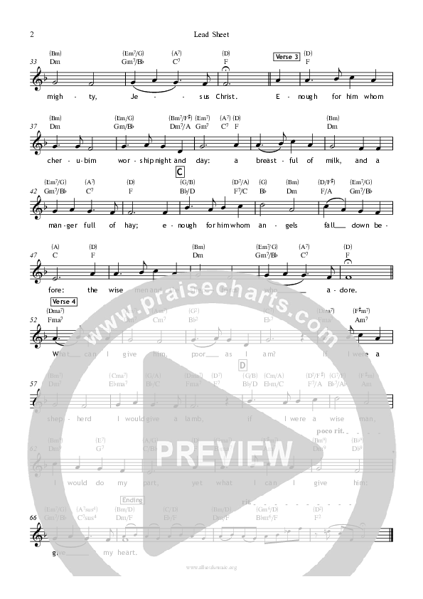 In The Bleak Midwinter Lead Sheet (All Souls Music)