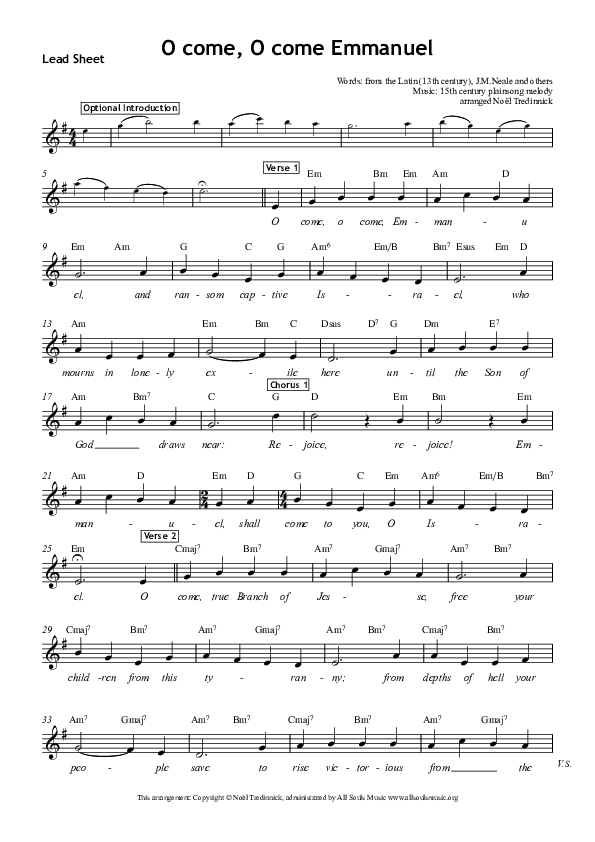 O Come O Come Emmanuel Lead Sheet (All Souls Music)