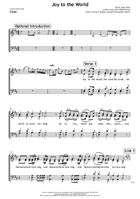Joy To The World Choir Sheet (SATB) (All Souls Music)