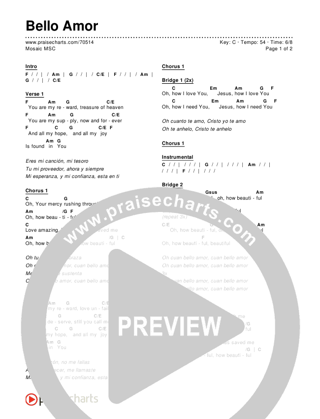Bello Amor (How Beautiful) Chords & Lyrics (Mosaic MSC)