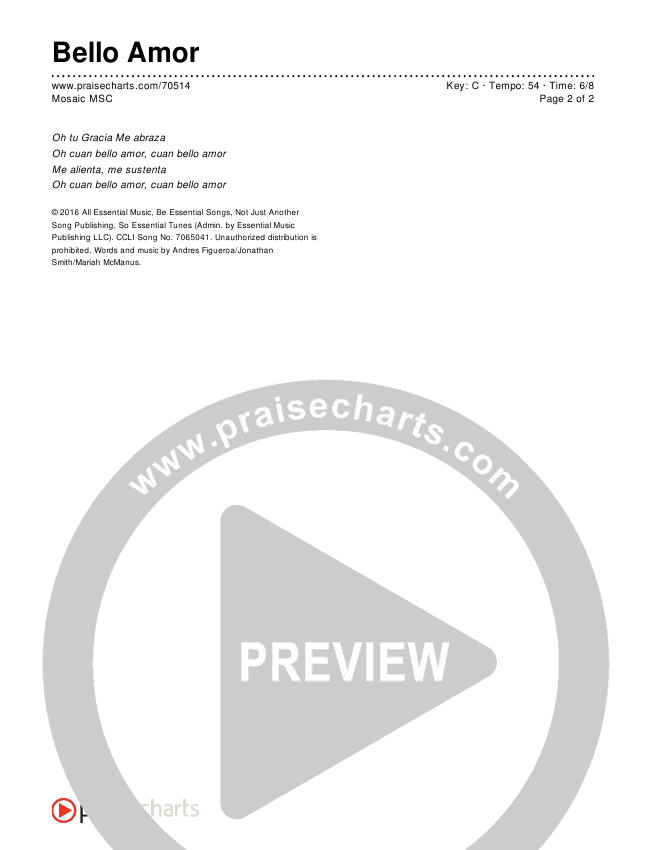 Bello Amor (How Beautiful) Chords & Lyrics (Mosaic MSC)