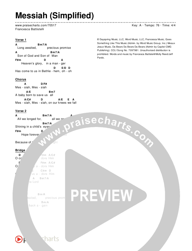 Messiah (Simplified) Chord Chart (Francesca Battistelli)
