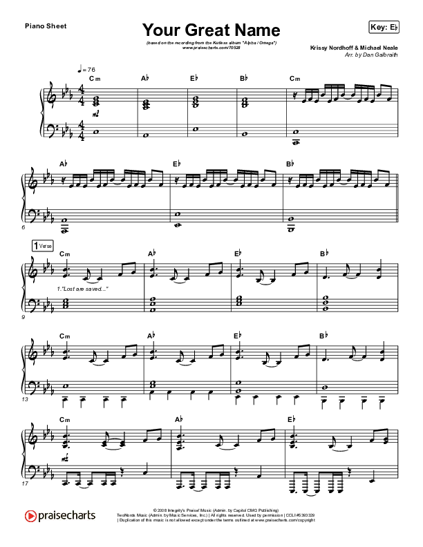 Your Great Name Piano Sheet (Kutless)