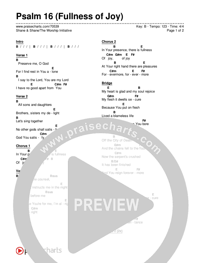 Psalm 16 (Fullness of Joy) Chords & Lyrics (Shane & Shane / The Worship Initiative)