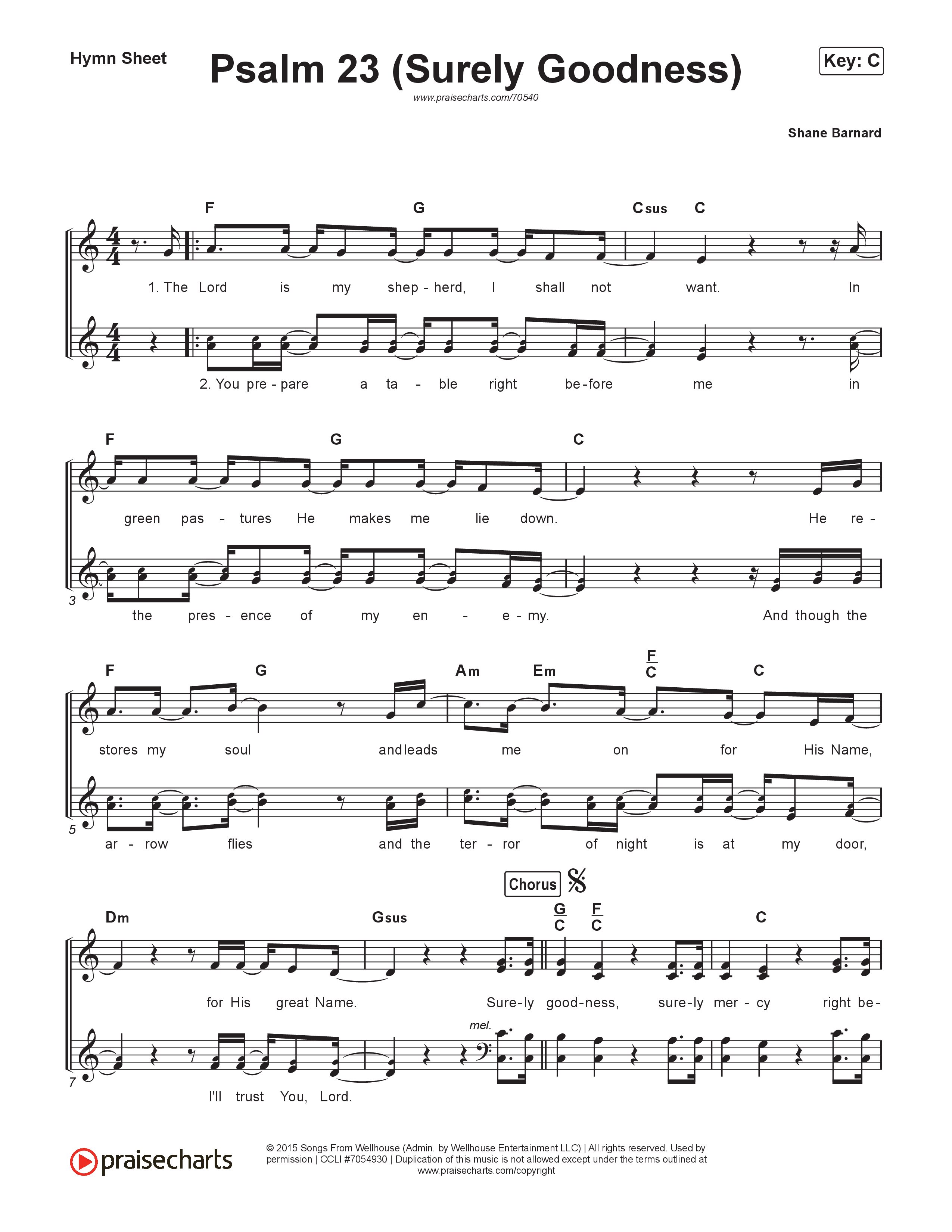 Psalm 23 (Surely Goodness) Hymn Sheet (Shane & Shane / The Worship Initiative)