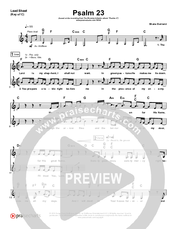 Psalm 23 (Surely Goodness) Lead Sheet (Melody) (Shane & Shane / The Worship Initiative)