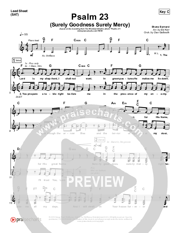 Psalm 23 (Surely Goodness) Lead Sheet (SAT) (Shane & Shane / The Worship Initiative)