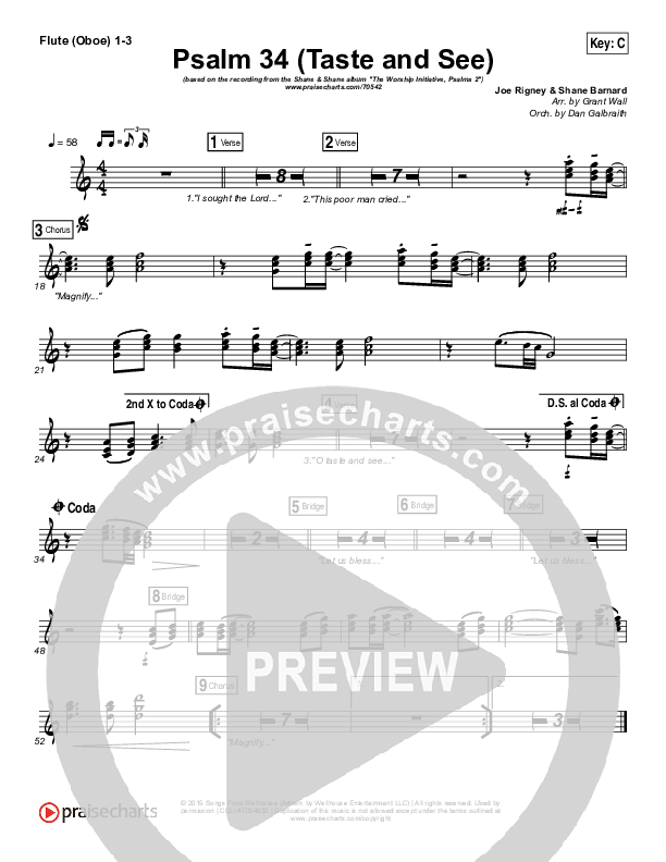 Psalm 34 (Taste and See) Flute/Oboe 1/2/3 (Shane & Shane / The Worship Initiative)