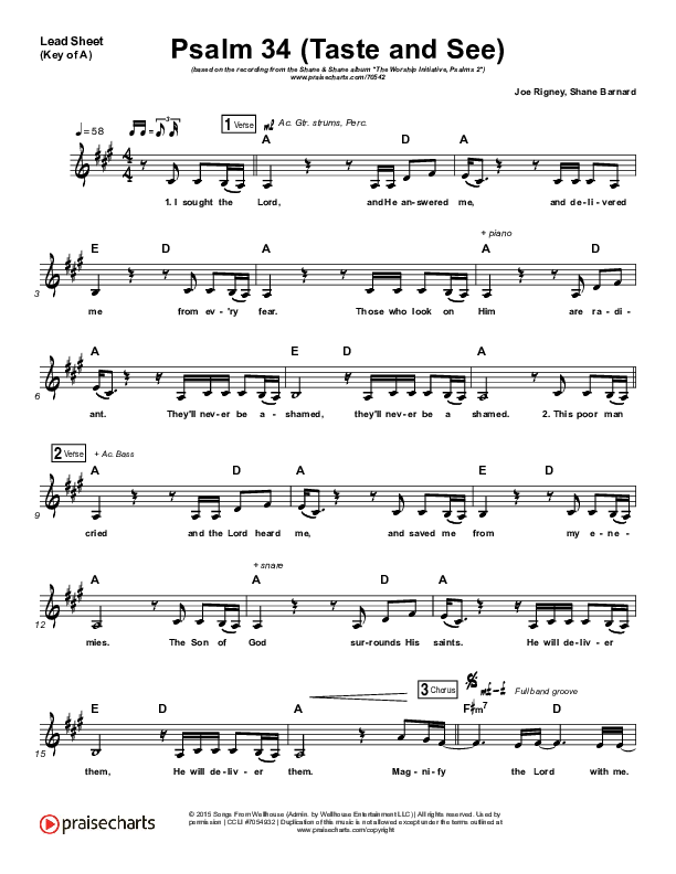 Psalm 34 (Taste and See) Lead Sheet (Melody) (Shane & Shane / The Worship Initiative)