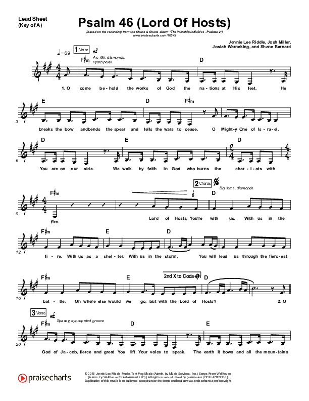 Psalm 46 (Lord Of Hosts) Lead Sheet (Melody) (Shane & Shane / The Worship Initiative)