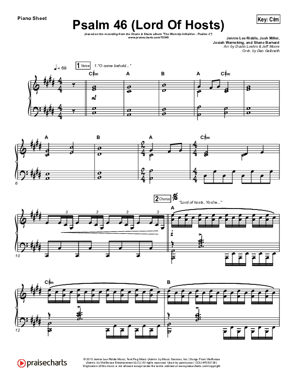 Psalm 46 (Lord Of Hosts) Piano Sheet (Shane & Shane / The Worship Initiative)