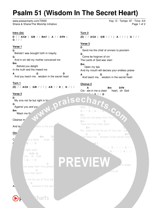 Psalm 51 (Wisdom In The Secret Heart) Chords & Lyrics (Shane & Shane / The Worship Initiative)
