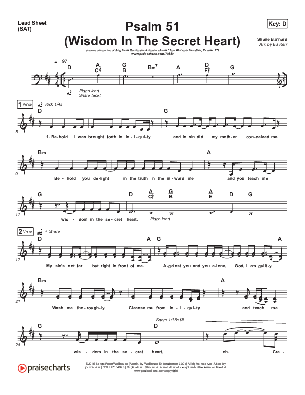 Psalm 51 (Wisdom In The Secret Heart) Lead Sheet (SAT) (Shane & Shane / The Worship Initiative)