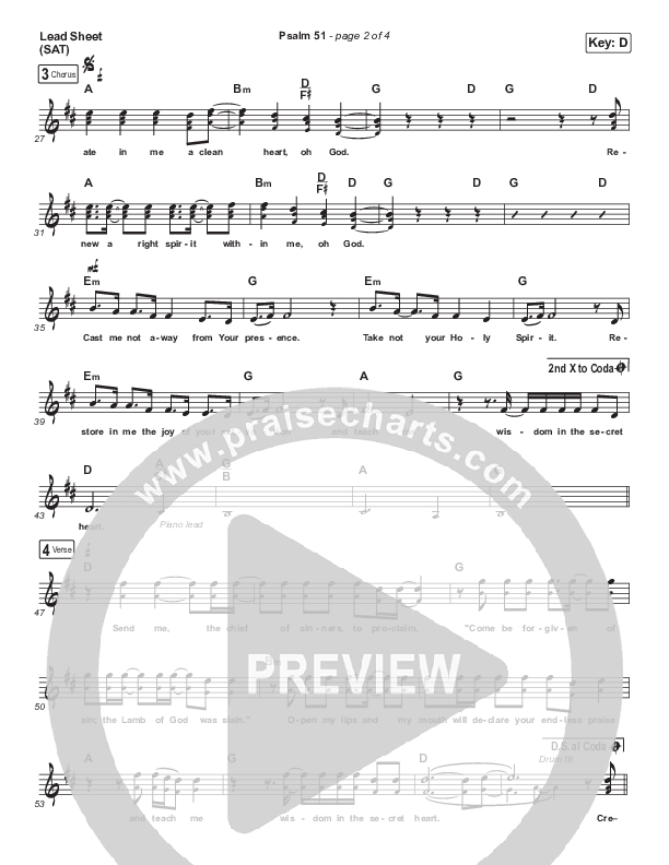 Psalm 51 (Wisdom In The Secret Heart) Lead Sheet (SAT) (Shane & Shane / The Worship Initiative)