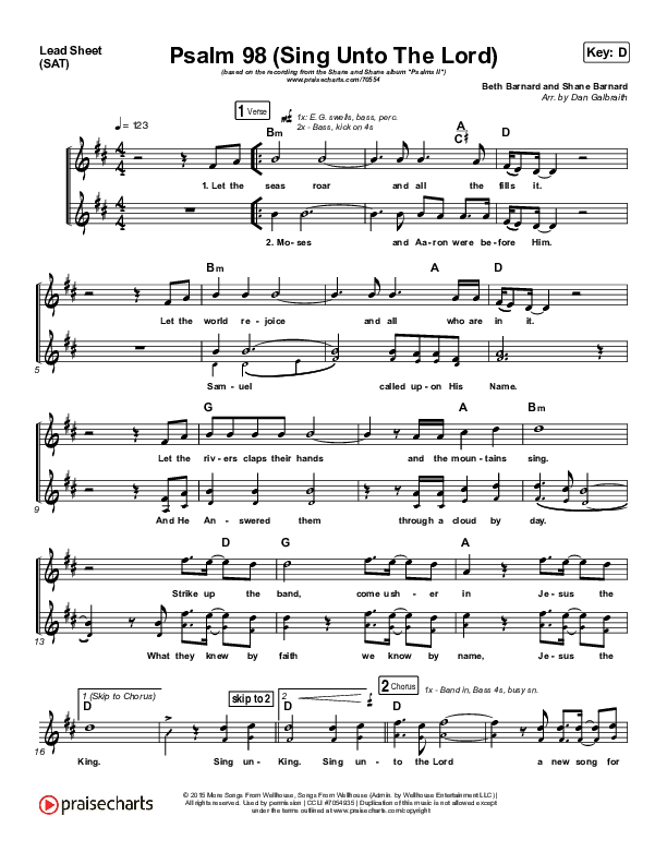 Psalm 98 (Sing Unto The Lord) Lead Sheet (SAT) (Shane & Shane / The Worship Initiative)