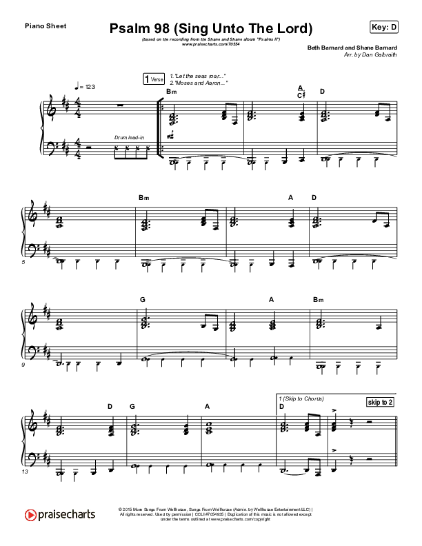 Psalm 98 (Sing Unto The Lord) Piano Sheet (Shane & Shane / The Worship Initiative)