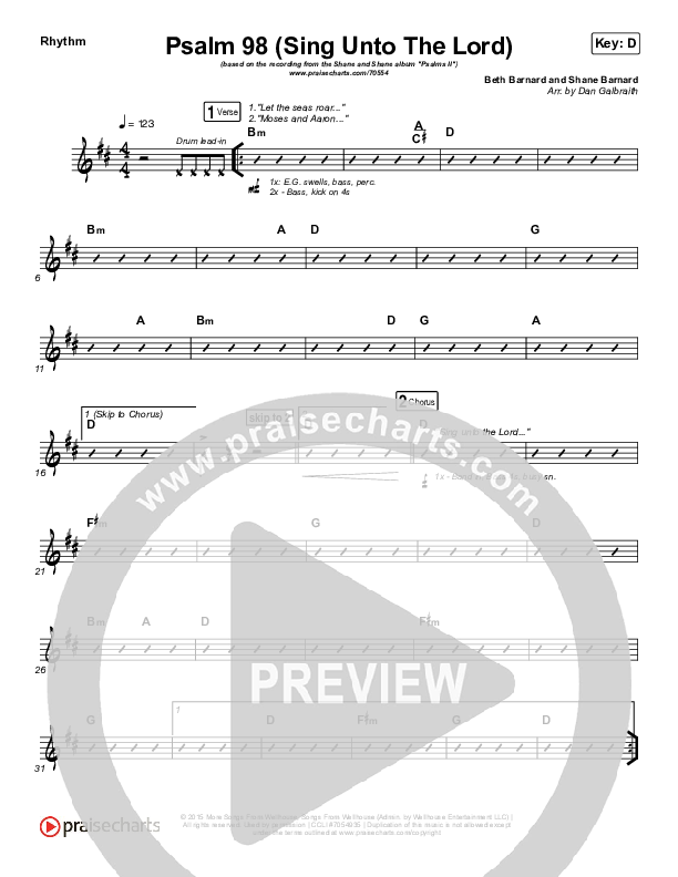 Psalm 98 (Sing Unto The Lord) Rhythm Chart (Shane & Shane / The Worship Initiative)