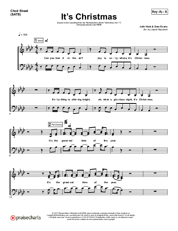 It's Christmas Choir Sheet (SATB) (Planetshakers / Joth Hunt)
