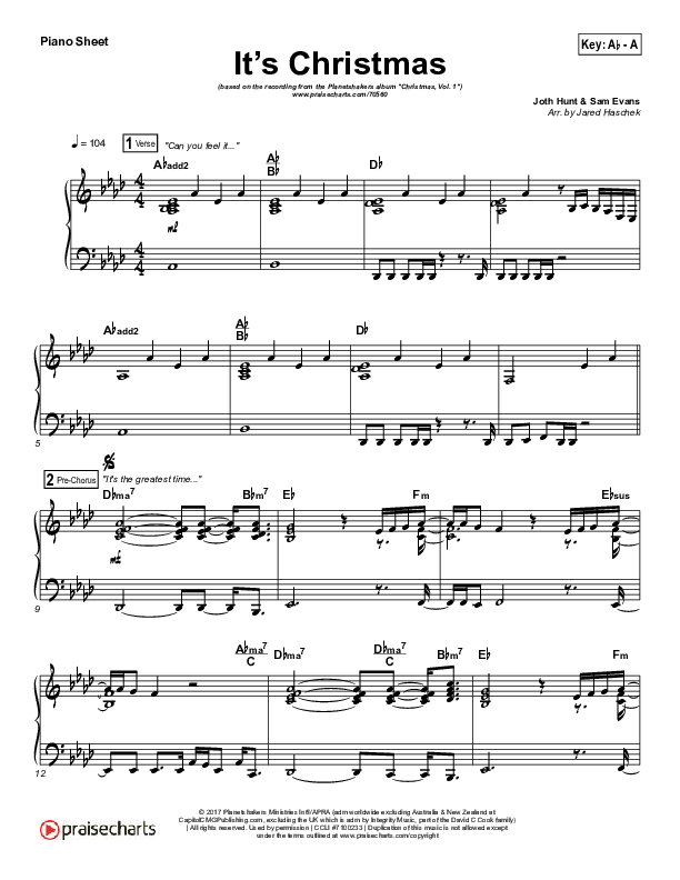 It's Christmas Piano Sheet (Planetshakers / Joth Hunt)