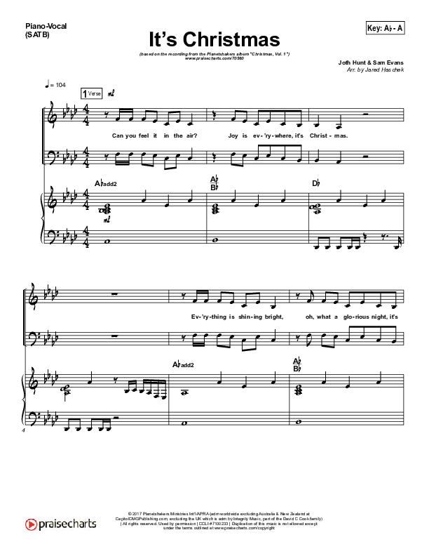 It's Christmas Piano/Vocal (SATB) (Planetshakers / Joth Hunt)