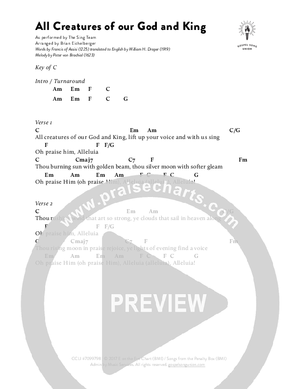 All Creatures Of Our God And King Chord Chart (The Sing Team)