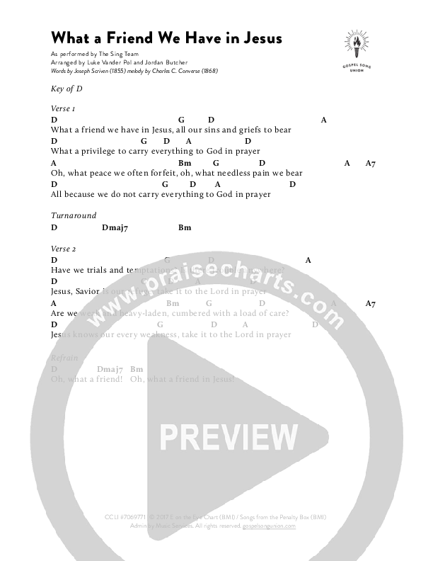 What A Friend We Have In Jesus Chord Chart (The Sing Team)