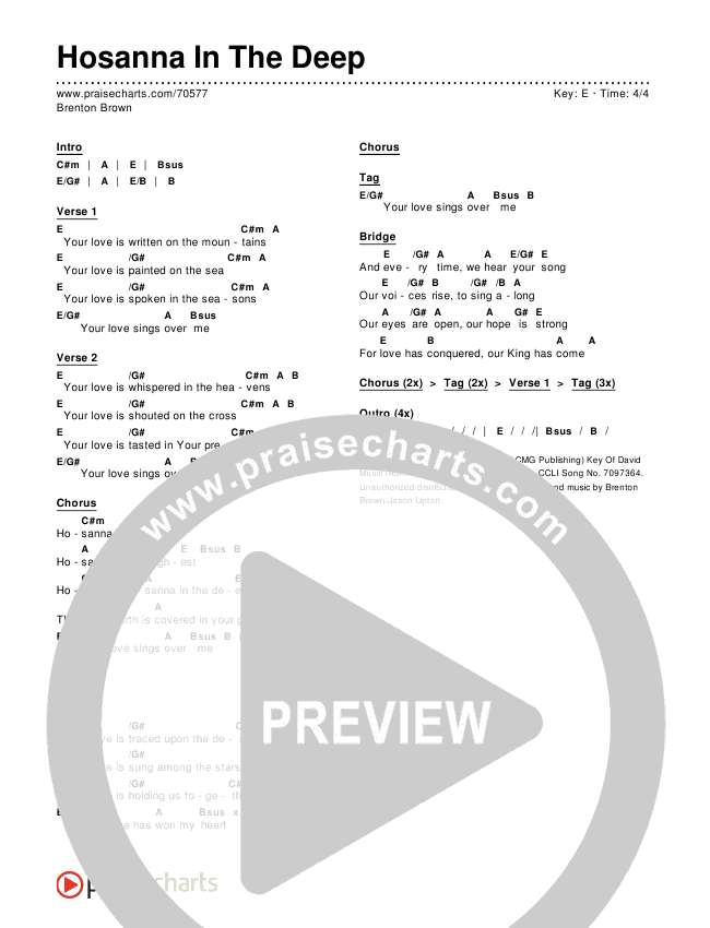 Hosanna In The Deep Chords & Lyrics (Brenton Brown)
