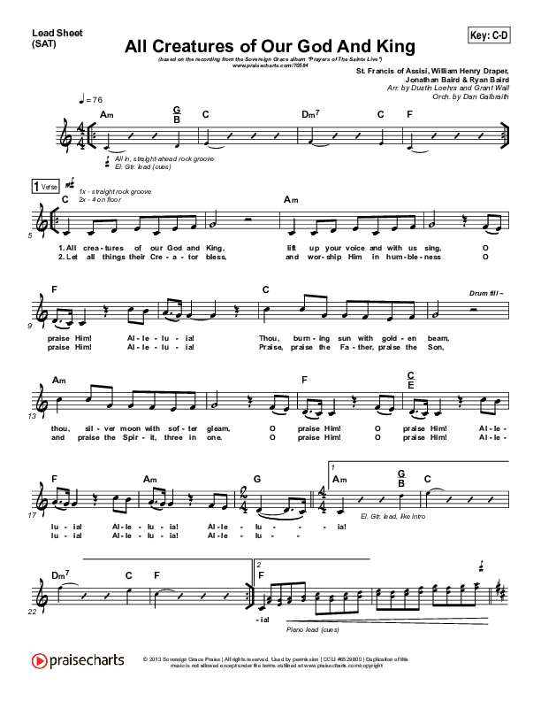 All Creatures Of Our God And King Lead Sheet (SAT) (Sovereign Grace)