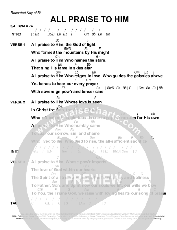 All Praise To Him Chords PDF (Sovereign Grace) - PraiseCharts