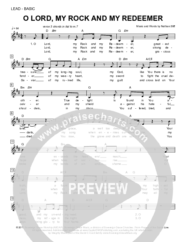 O Lord My Rock And My Redeemer Lead Sheet (Sovereign Grace)