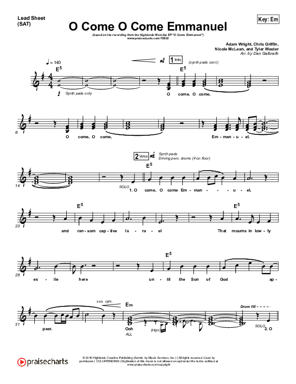 O Come O Come Emmanuel Lead Sheet (SAT) (Highlands Worship)