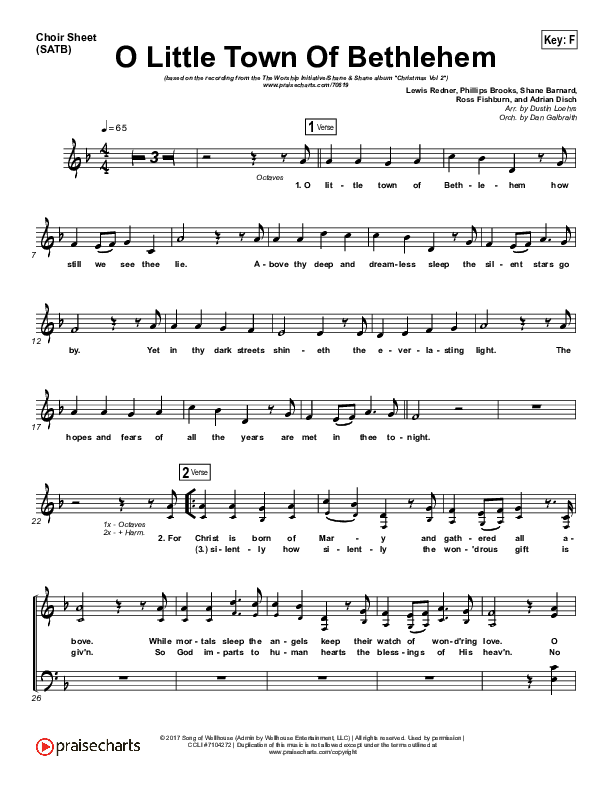 O Little Town Of Bethlehem Choir Sheet (SATB) (The Worship Initiative / Shane & Shane)