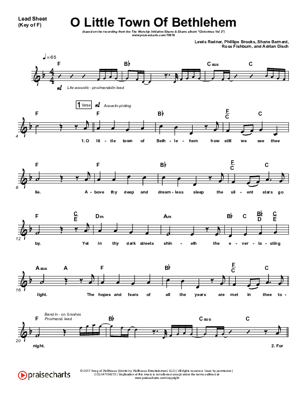 O Little Town Of Bethlehem Lead Sheet (Melody) (The Worship Initiative / Shane & Shane)
