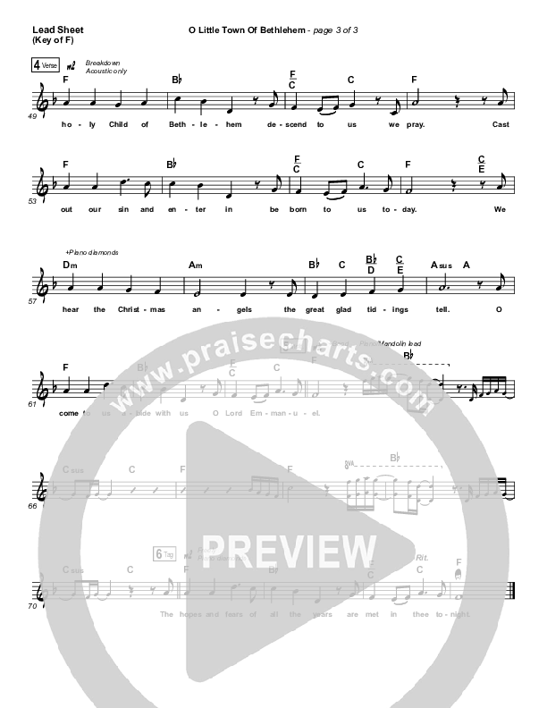 O Little Town Of Bethlehem Lead Sheet (Melody) (The Worship Initiative / Shane & Shane)