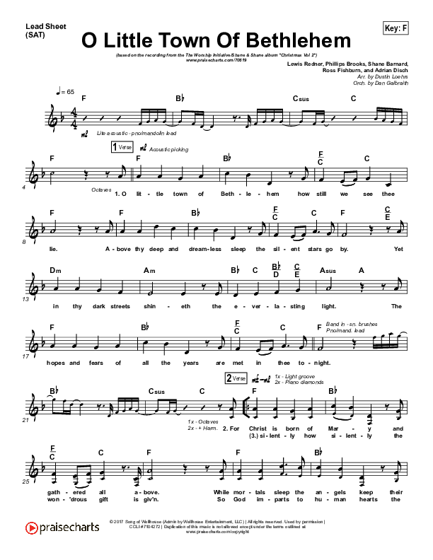 O Little Town Of Bethlehem Lead Sheet (SAT) (The Worship Initiative / Shane & Shane)