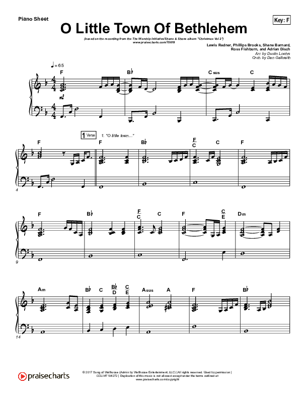 O Little Town Of Bethlehem Piano Sheet (The Worship Initiative / Shane & Shane)