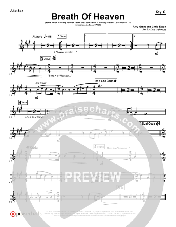 Breath Of Heaven (Mary's Song) Alto Sax (The Worship Initiative / Shane & Shane)