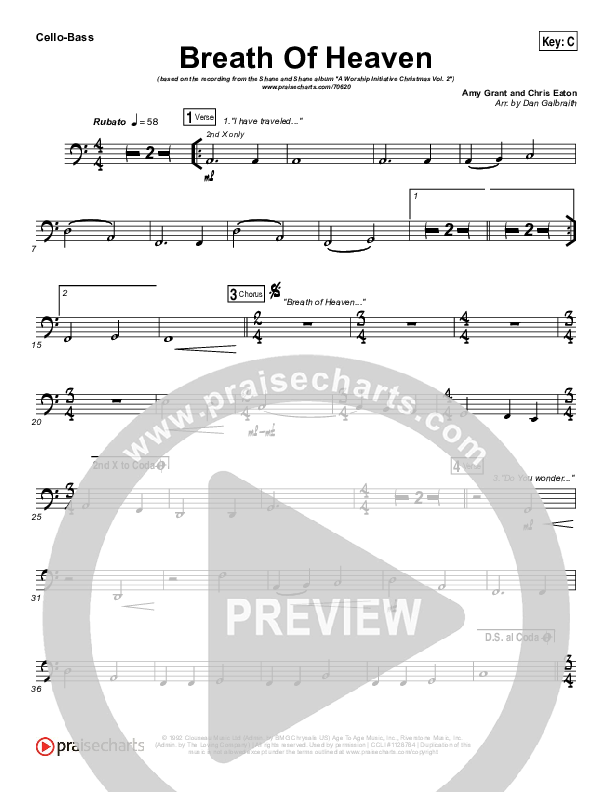 Breath Of Heaven (Mary's Song) Cello/Bass (The Worship Initiative / Shane & Shane)